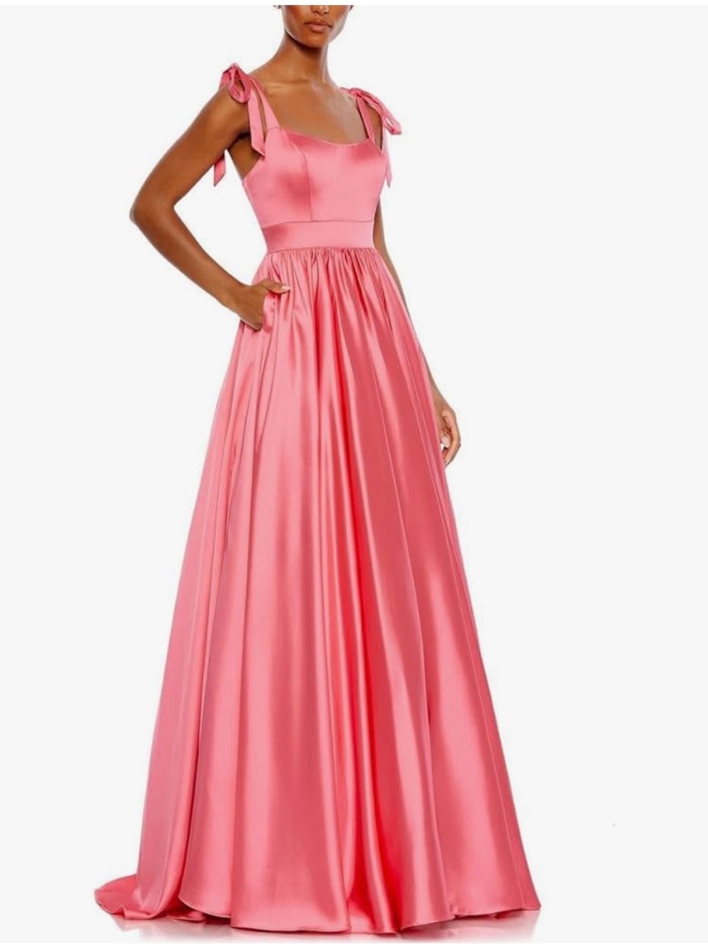 LIKE NEW Pink Coral Mac Duggal 67981 Satin Full Gown Ribbon Tie Strap Maxi Dress